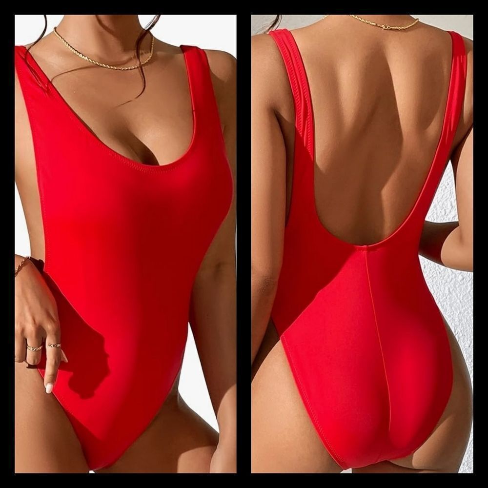 Red 80's 90's Inspired One Piece Swimsuit Women's Size Large - Picture 1 of 12